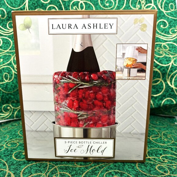 Laura Ashley 3-Piece Ice Mold Wine Bottle Chiller Decorative Bucket NWT NOS